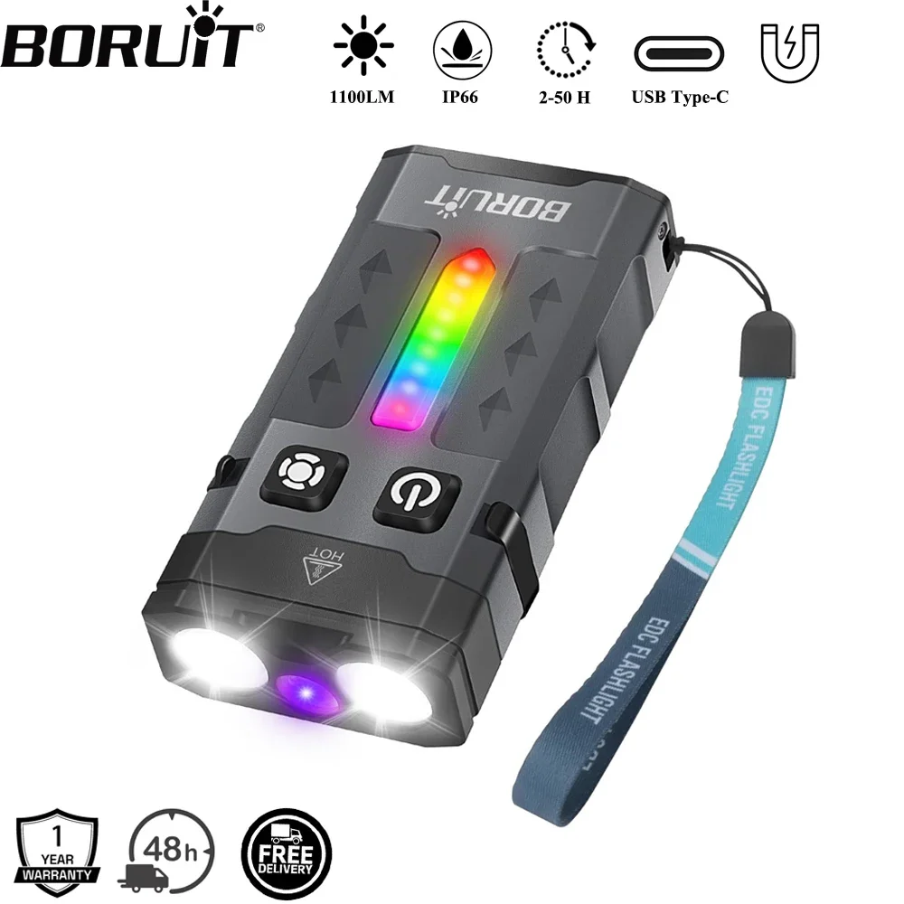 Fishing Light - BORUiT EV20 1100LM EDC UVキーホルダーLED懐中電灯 タイプC充電式作業灯
