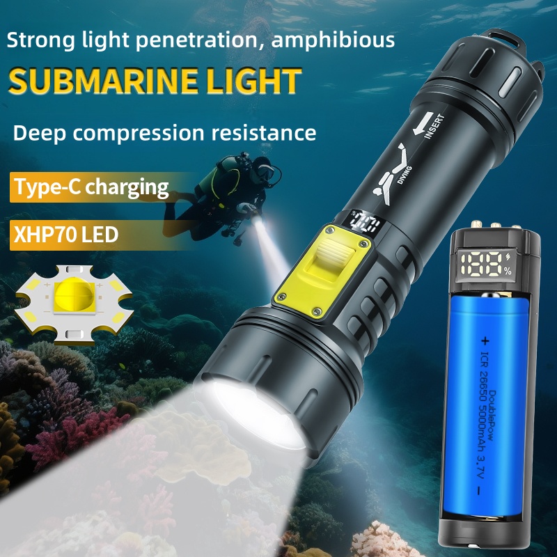 Fishing Light - 新しい XHP70 ダイビング懐中電灯 IPX8 防水デジタル充電ケースデュアルユース水中陸高輝度懐中電灯